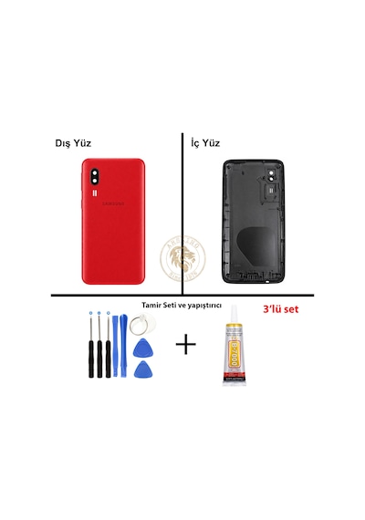 Samsung Galaxy A2 Core A260 Kırmızı Renk Arka Kapak + Tamir Seti + B7000 Yapıştırıcı Arka Cam Batarya Kapağı Pil Kapağı Lazer Kesim Back Cover Galaxy A2 Core Uyumlu