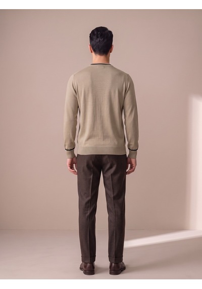 Maccali Erkek Bej Kontrast Şeritli Bisiklet Yaka Triko Sweatshirt