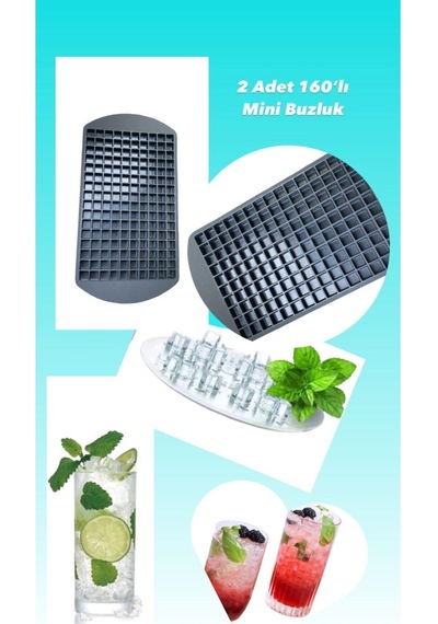 2 Adet 160'lı Mini Küp Şekilli Silikon Buzluk - Antrasit Renk Mini Küplü Sunum Buz Kalıbı Silikon Diğer