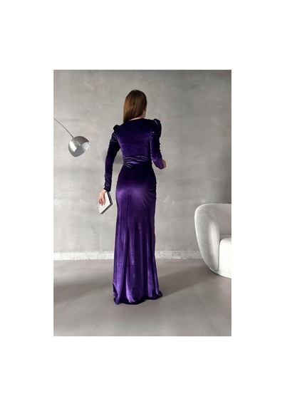 DefyModa Kadın Minimal Kadife Kumaş Kruvaze Yaka Yırtmaçlı Maxi Abiye Elbise Mor