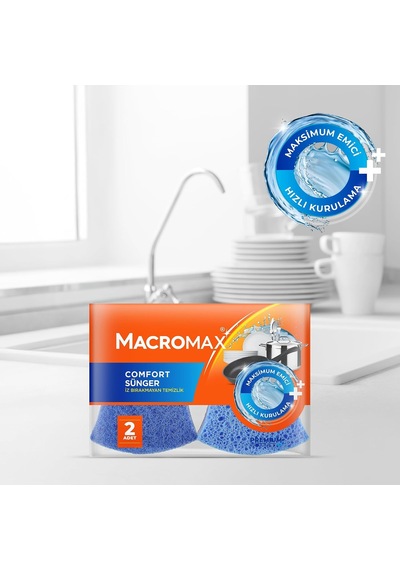 Macromax Comfort Çizmez Bulaşık Süngeri 2'li, Maksimum Emici Hassas Yüzeyler İçin 2li Paket