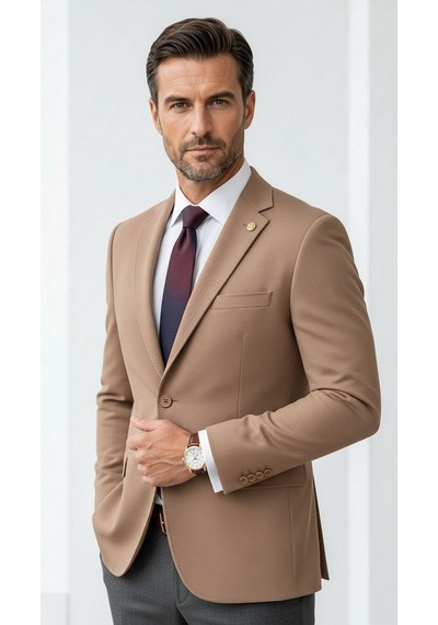 Plus Scorpion Erkek Slim Fit Çift Düğme Çift Yırtmaçlı Blazer Ceket Premium Dokulu Kumaş Taba