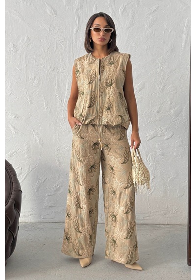 Verymoda Nakışlı Keten Pantolon F2008 Kahve