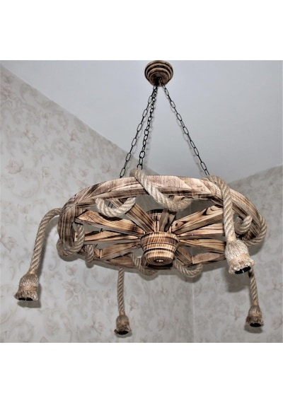 Otantik Çarşı Ahşap Halatlı Teker Avize 70 Cm. 4'Lü  K05