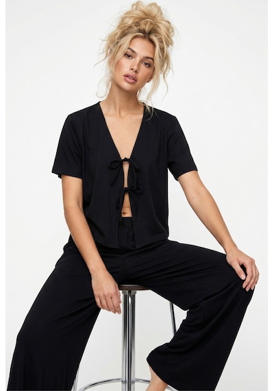 Siyah İnci Bağlamalı Örme Pijama Takım7889 Siyah