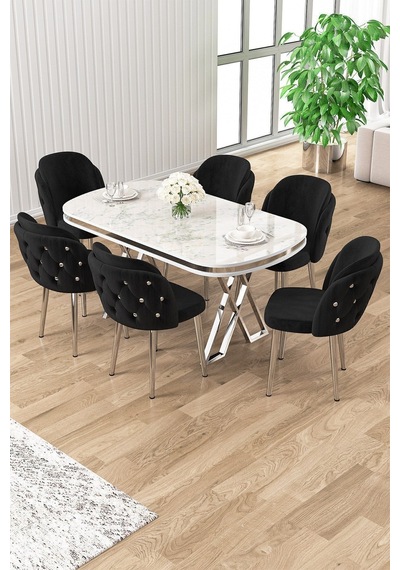 Canisa Zae Serisi 90x168 Lak Panel Beyaz Mermer Desen Krom Ayak Masa Takımı 6 Siyah Sandalye Siyah Mermer Desen Masa Sandalyeler Cappucino Canisa Zae Serisi 90x168 Lak Panel Beyaz Mermer Desen Krom Ayak Masa Takımı 6 Siyah Sandalye Siyah Mermer Desen Masa Sandalyeler Cappucino