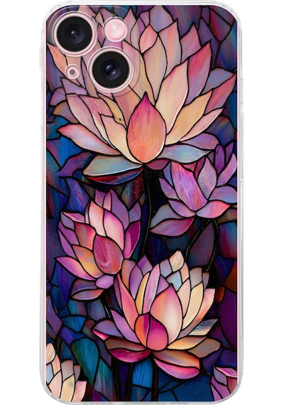 Printify Apple Uyumlu iPhone 15 Plus İle  Vitray Sessiz Lotus Tasarımlı Şeffaf Silikon Kılıf Şeffaf