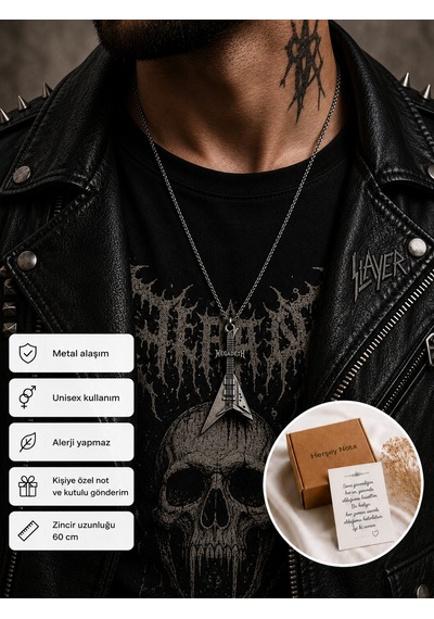 Megadeth Temalı Gitar Kolye Unisex Metal Müzik Zincirli Aksesuar Çok renkli
