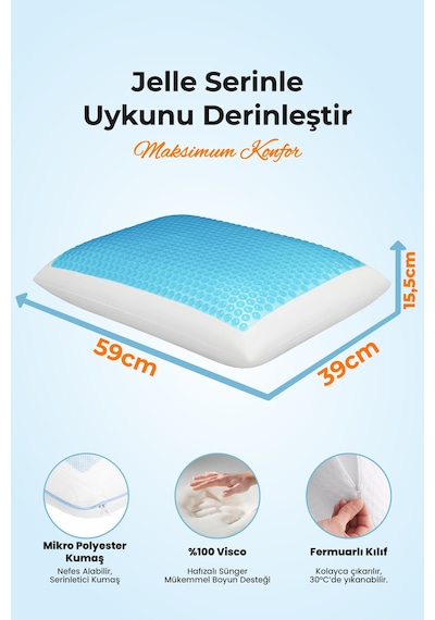 Viscofoam Bonni Terletmeyen Ortopedik Yastık Serinleten Visco Yastık Jelli Yastık 59x39x15.5cm
