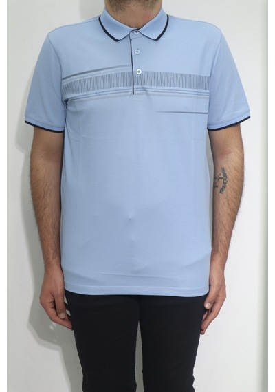 Santa Dmctekstil Erkek Mavi Desenli Spor Kesim Rahat Kalıp Polo Yaka T-shirt