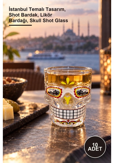 10 Adet Cam Kurukafa Shot Bardak İstanbul Temalı Tasarım, Shot Bardak, Likör Bardağı, Skull Shot Glass Diğer