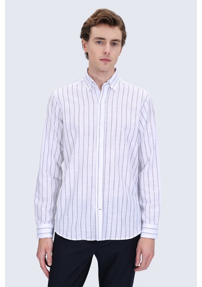 Hatemoğlu Lacivert Comfort Fit Çizgili Düğmeli Yaka 100% Pamuk Uzun Kollu Casual Gömlek