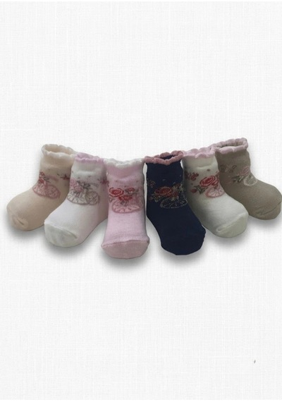 Cocole Socks Kız Bebek Soket Çorabı Kraft Kutulu 6'lı Set Pamuklu 0-1 Çiçek & Bisiklet Temalı Çok Renkli