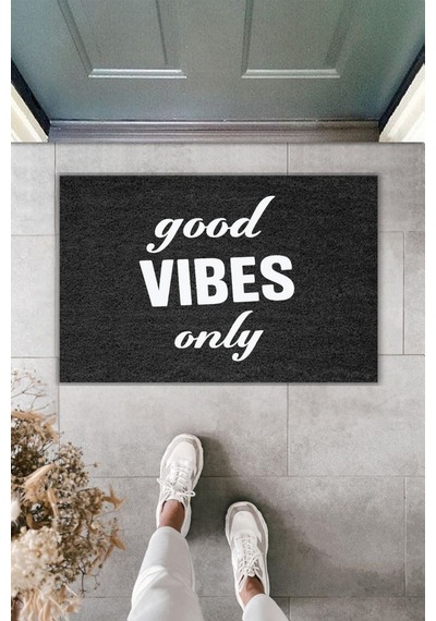 Rugmood Modern Dijital Baskı - Good Vıbes Only - Kapı Önü Paspası Siyah