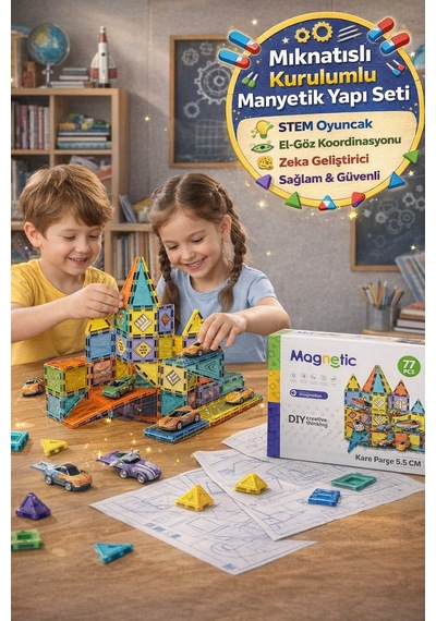 Magnetic 77 Parça Manyetik Yapı Blokları Eğitici Zeka Oyunu Montessori Seti Mini Kare Parça 5.5 Cm