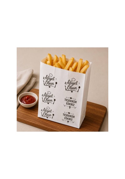100 Adet Baskılı Servis Kesesi 15x20x8 Cm - Tost Poğaça Simit Sandviç Sunum Kağıdı - Fast Food Paket Servis Kılıfı