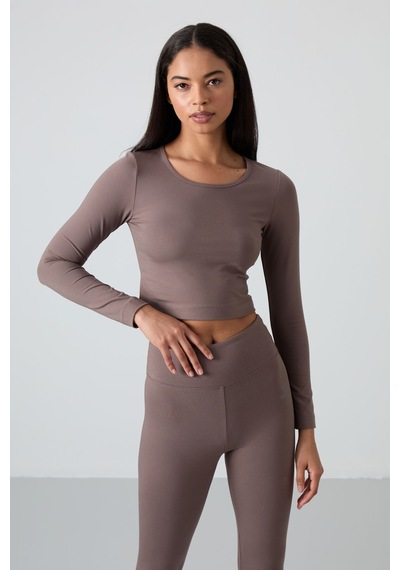 Tommylife Kahvrengi Yüksek Bel Uzun Kollu Slim Fit Crop Top Kadın Tayt Takım - 95286 Kahverengi