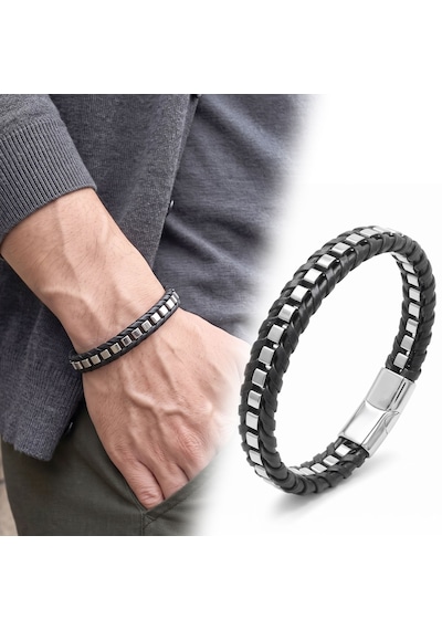 Premium Parlak Ve Şık Beyaz Siyah Biyeli Deri Örgü Ve 316l Çelik Zincir Bileklik 31834b25d3 20 Cm Siyah - Gümüş