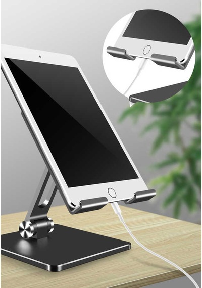 Masaüstü Telefon Tablet Standı Ağır Metal Taban, Katlanabilir, 180 Dönen Çift Dirsekli Tutucu Gri