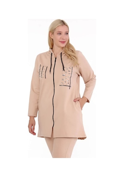 Mia Butik Kadın Büyük Beden İki İplik Krem Taş Ve Pul Payet Detaylı Ceket-820 Krem