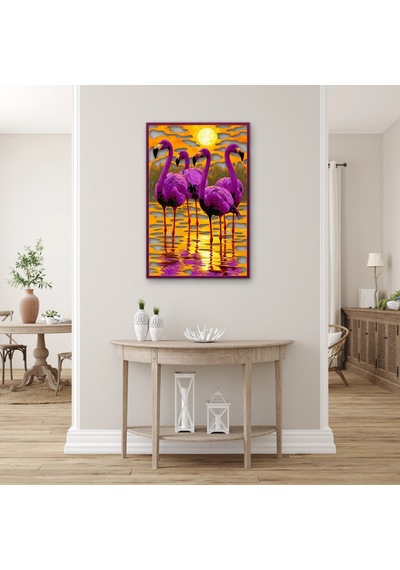 Gün Batımında Mor Flamingolar Metal Tablo 53x80 Cm Çok Renkli