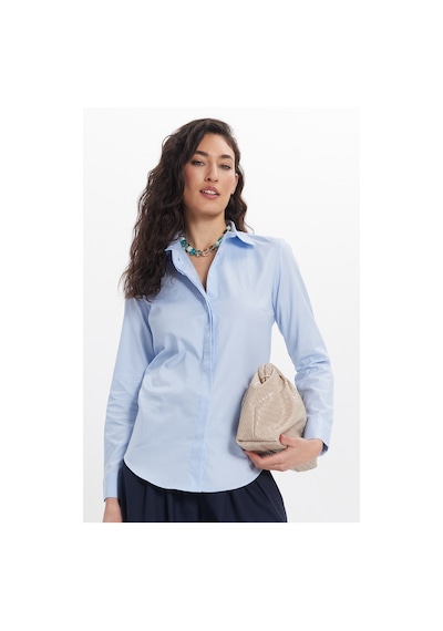 Tudors Kadın Slim Fit Dar Kesim %100 Pamuk Spor Yaka Gizli Pat Uzun Kollu Düz Oxford Leke Tutmaz Mavi Gömlek-46434