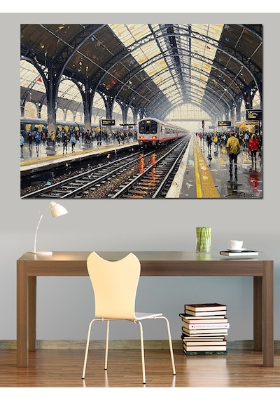 Gar İçinde Bekleyen Modern Tren Dekoratif Kanvas - Mdf Ahşap Tablo