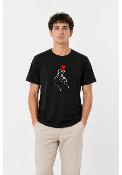 Veraura Lifestyle Erkek Kore Parmak Aşk Temalı Minimal Baskılı Tişört Yazlık Kısa Kol T-shirt - Siyah