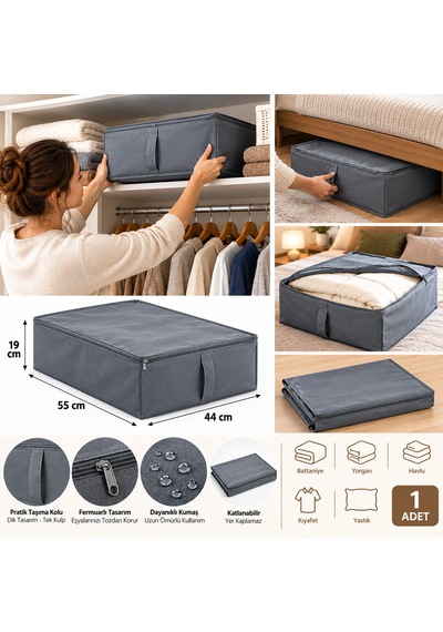 Gri Kumaş Saklama Hurcu 44x55x19 Cm Fermuarlı Dolap İçi Düzenleyici, Yorgan Battaniye Kıyafet Organizer