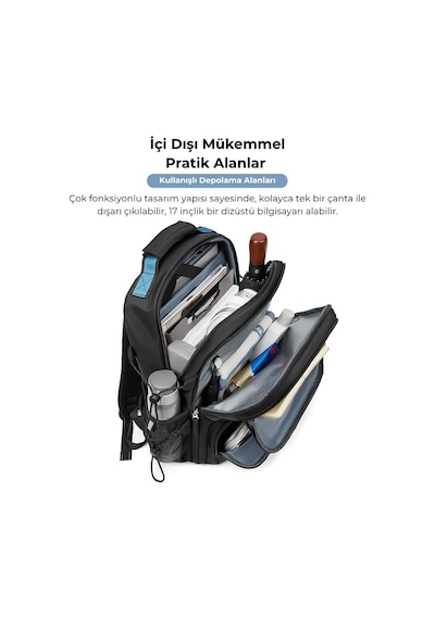 Su Geçirmez Seyahat Sırt Çantası - 17" İnç Laptop Bölmeli - Kuru Islak Ayırma Bölgesi - Ortopedik Siyah