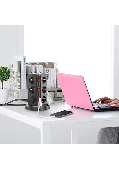 Kule Tipi 12 Li Çoklu Priz 3 Usb Hızlı Şarj Anahtarlı Akım Korumalı Masa Üstü Tower Priz 2 m
