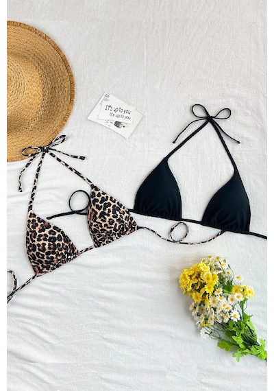 Angbutik Kadın Leopar Desenli Ve Siyah Minimal Kesim Üçgen Bikini Üstü Çok Renkli