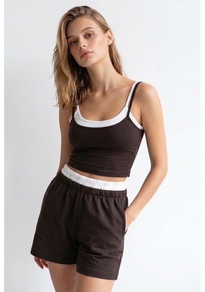 Mixray 2151 Kadın Biye Detaylı Askılı Crop Top Şort Takım Kahve