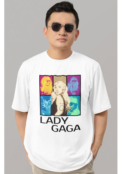 Sevbano Tasarım Lady Gaga Şarkıcı Baskılı Unisex Oversize Tişört Beyaz