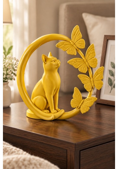 Kelebeklerle Çevrili Zarif Kedi Figürlü Dekoratif Biblo 26549613