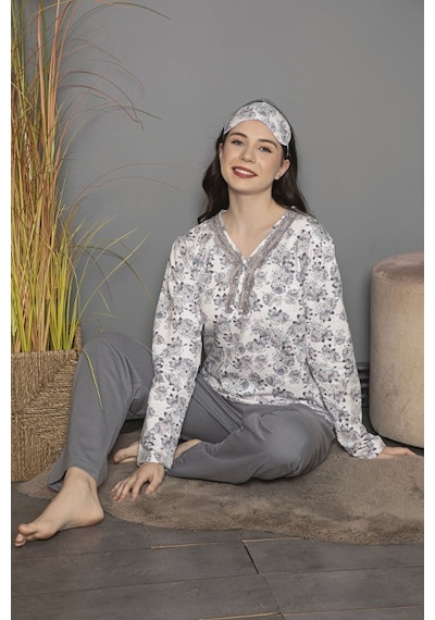 Tekten 0200 Çiçek Desenli Uzun Kollu Kadın Pijama Takımı Gri
