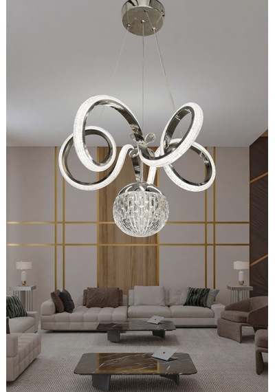Kıvrım Tekli Kristal Top Simli Slikonlu Modern Oturma Led Avizesi - Kumandasız / Krom Krom