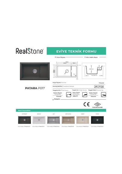 Patara P017 Granit Evye 770x460 Mm Tek Göz Mutfak Evyesi - P017 Patara Siyah Siyah