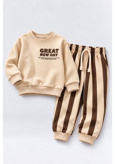 Ahengim Erkek Çocuk Great New Day Baskılı Sweatshirt Ve Çizgili Eşofman Altı 2 Li Takım Ak124 Kahverengi