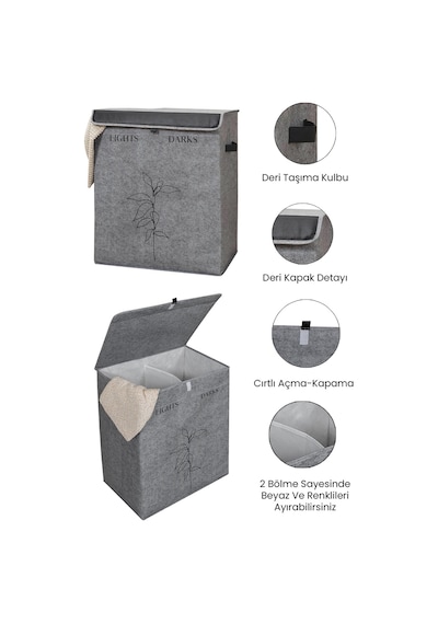 Meleni Home Keçe Deri 2 Bölmeli Çamaşır Kirli Sepeti Çok Amaçlı Katlanır Oyuncak Saklama Hurcu Gri 53x33x60 Cm Diğer