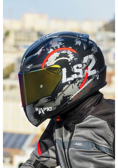 Ls2 Rapid 2 Circle Motosiklet Kaskı Mat Siyah - Kırmızı + Sarı Cam