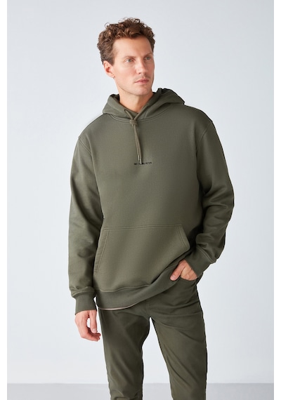 Grımelange Epic Erkek Yumusaçık Kumaşlı Kapüşonlu Kordonlu Regular Fit Nakışlı Haki Sweatshirt