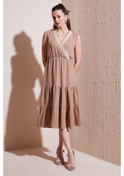 Lela Regular Fit Kruvaze Yaka Midi Bayan Elbise 6118103 Camel