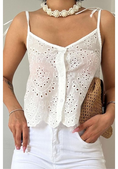 Tanla Butik Beyaz Bağcıklı Brode Bluz Beyaz