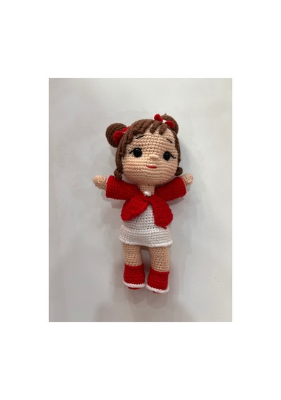 Afra Amigurumi El Örgüsü Bebek 20 Cm Tığ İşi Şirin Kıyafetli Hediyelik Oyuncak Bebek Kırmızı-beyaz