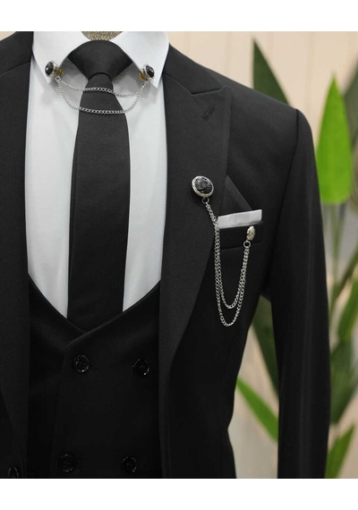 Beystil Sivri Yaka Siyah Takım Elbise Petek04 - Slim Fit Siyah