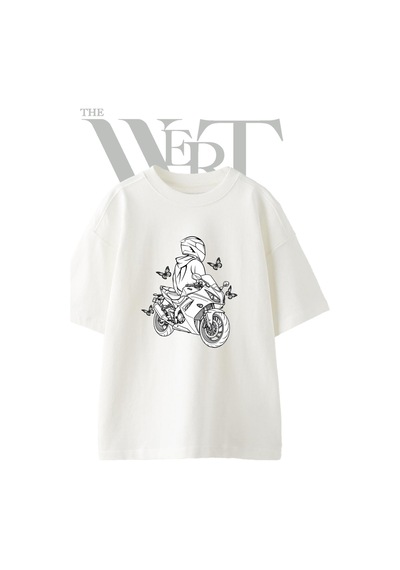 Thewert Spor Motor Tasarım Baskılı Ünisex Beyaz Oversize T-shirt