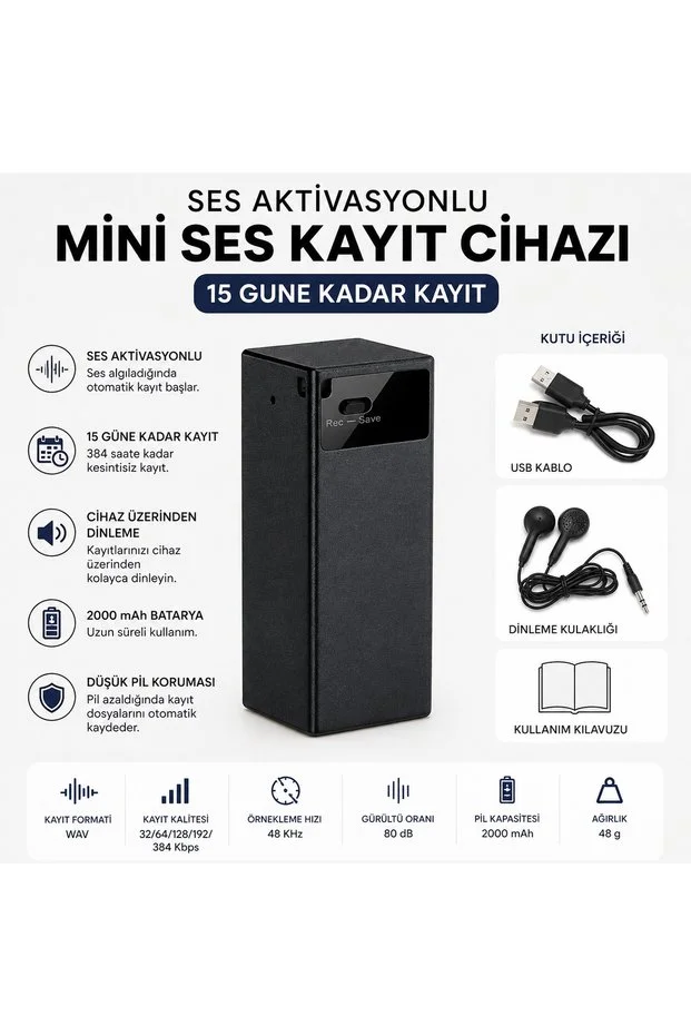 Ses Aktivasyonlu Mini Ses Kayıt Cihazı 15 Gün Kayıt