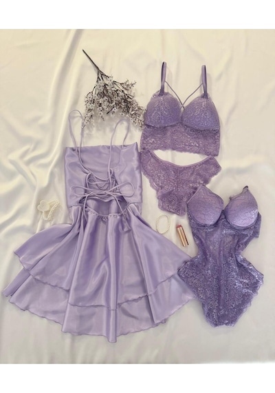 Mh Moony Homewears Superdriey 4'lü Saten Gecelik İç Giyim Seti LILA