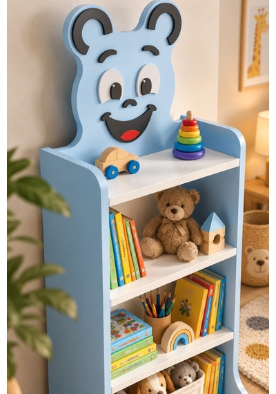 Sulorahome Mavi Figürlü 4 Raflı Çocuk Kitaplığı Ve Oyuncak Düzenleyici Bebek Mavisi